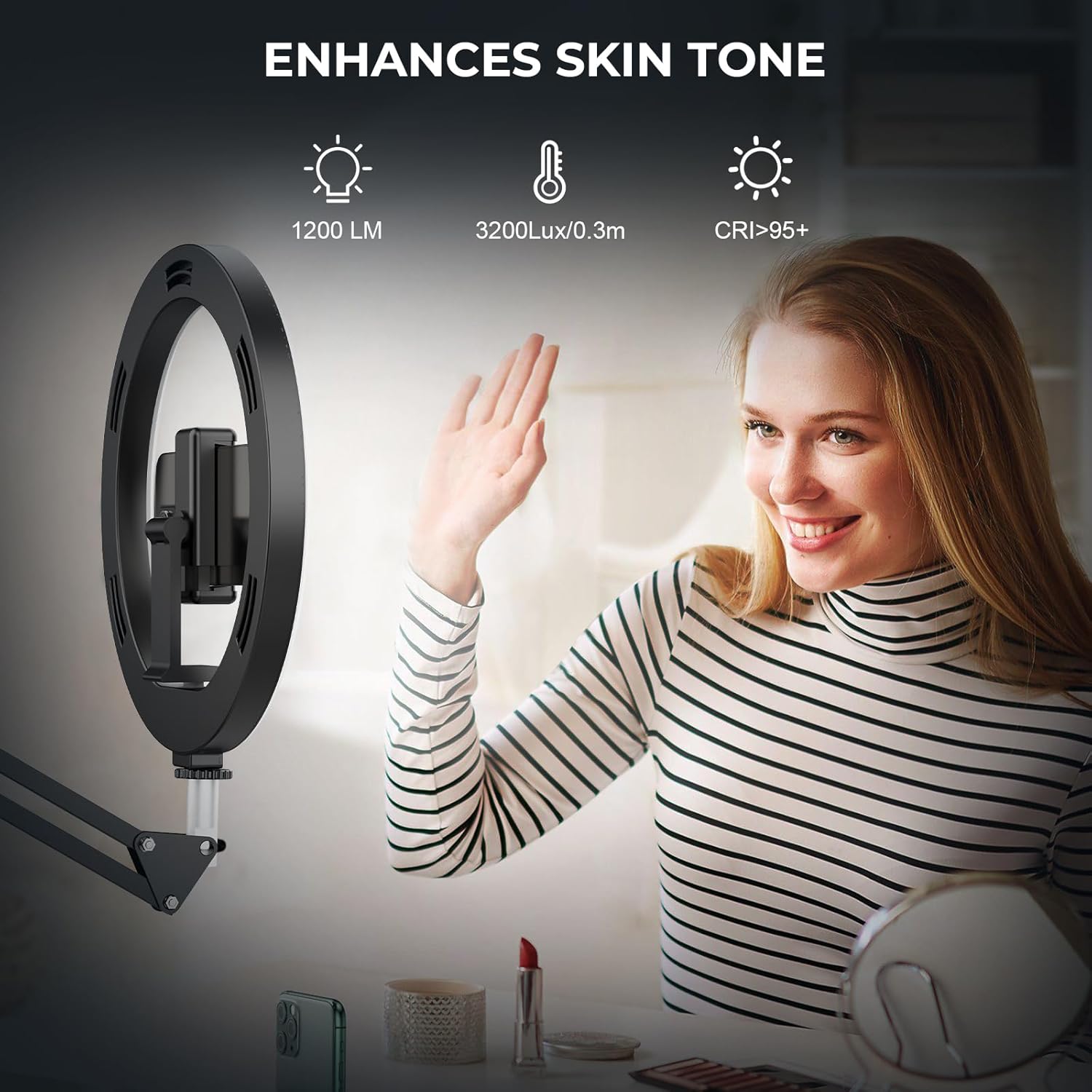 12 Ring Light with Stand Tripod for iPhone, Overhead Phone Camera Mount, Adjustable 72 Height Tripod Holder Floor, Phone Stand for Video Recording Filming Streaming Cooking TikTok YouTube, CRI >95